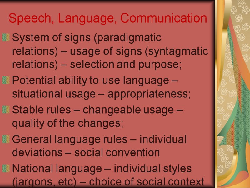Speech, Language, Communication System of signs (paradigmatic relations) – usage of signs (syntagmatic relations)